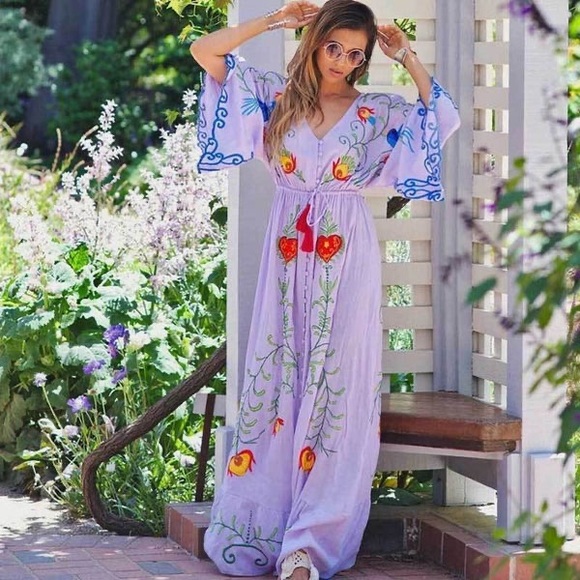 #99 New! 5 STAR Bohemian Kimono Embroidered Maxi Dress - Picture 5 of 7